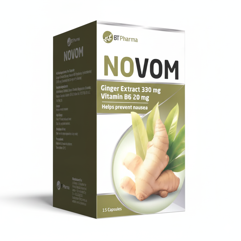 BT Pharma NOVOM Ginger Extract 330mg Vitamin B6 20mg 15 Capsules