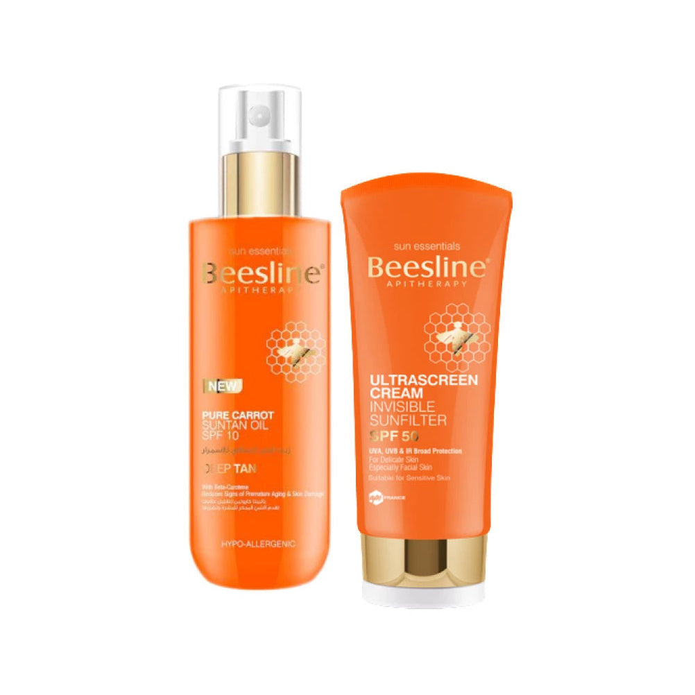 Beesline Pure Carrot Suntan Oil SPF 10 and Ultrascreen Cream Invisible Sunfilter SPF 50 bundle for tanning and broad-spectrum sun protection.