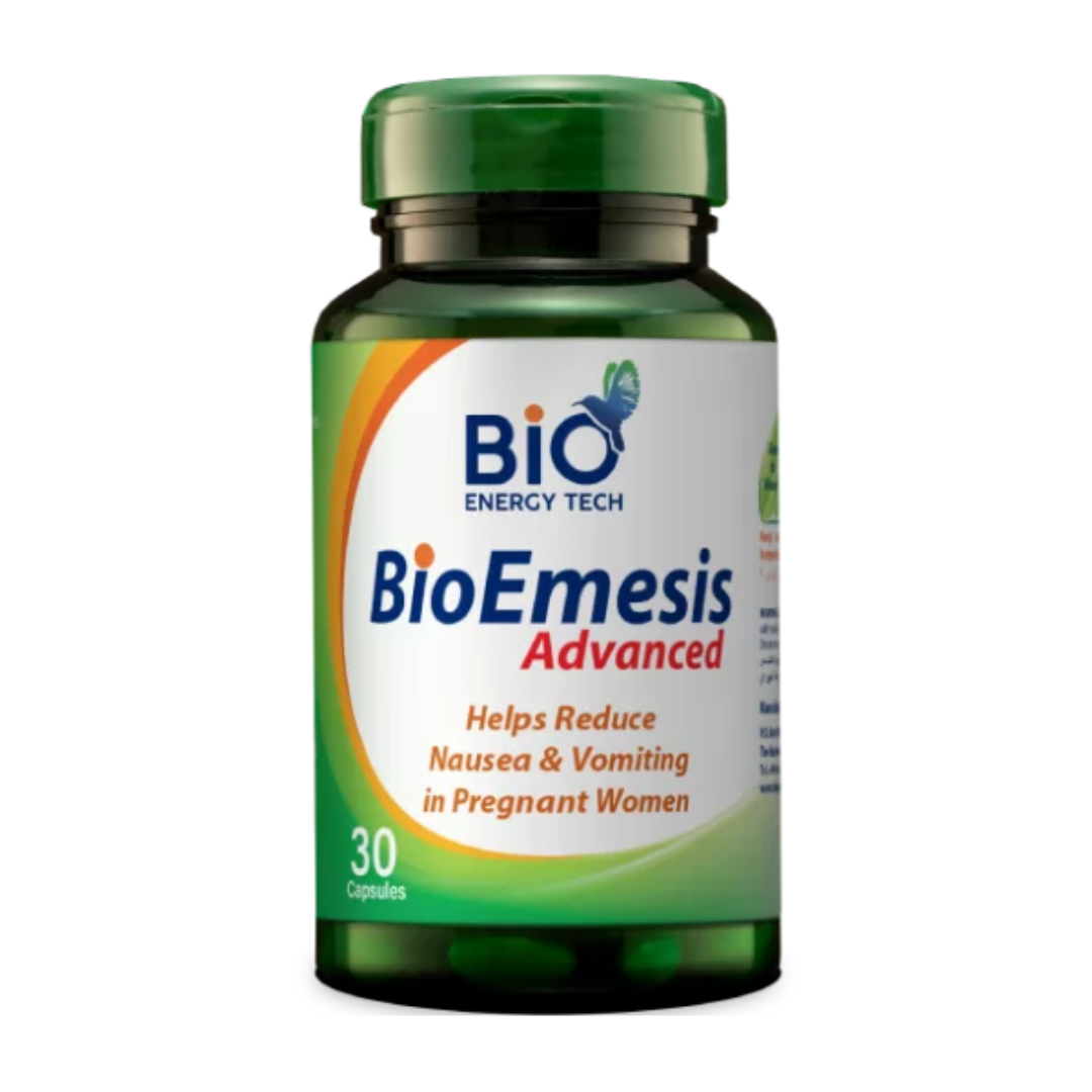 Bio Energy Tech BioEmesis Advanced 30 Capsules with Ginger Extract and Vitamin B6 for pregnancy nausea relief.