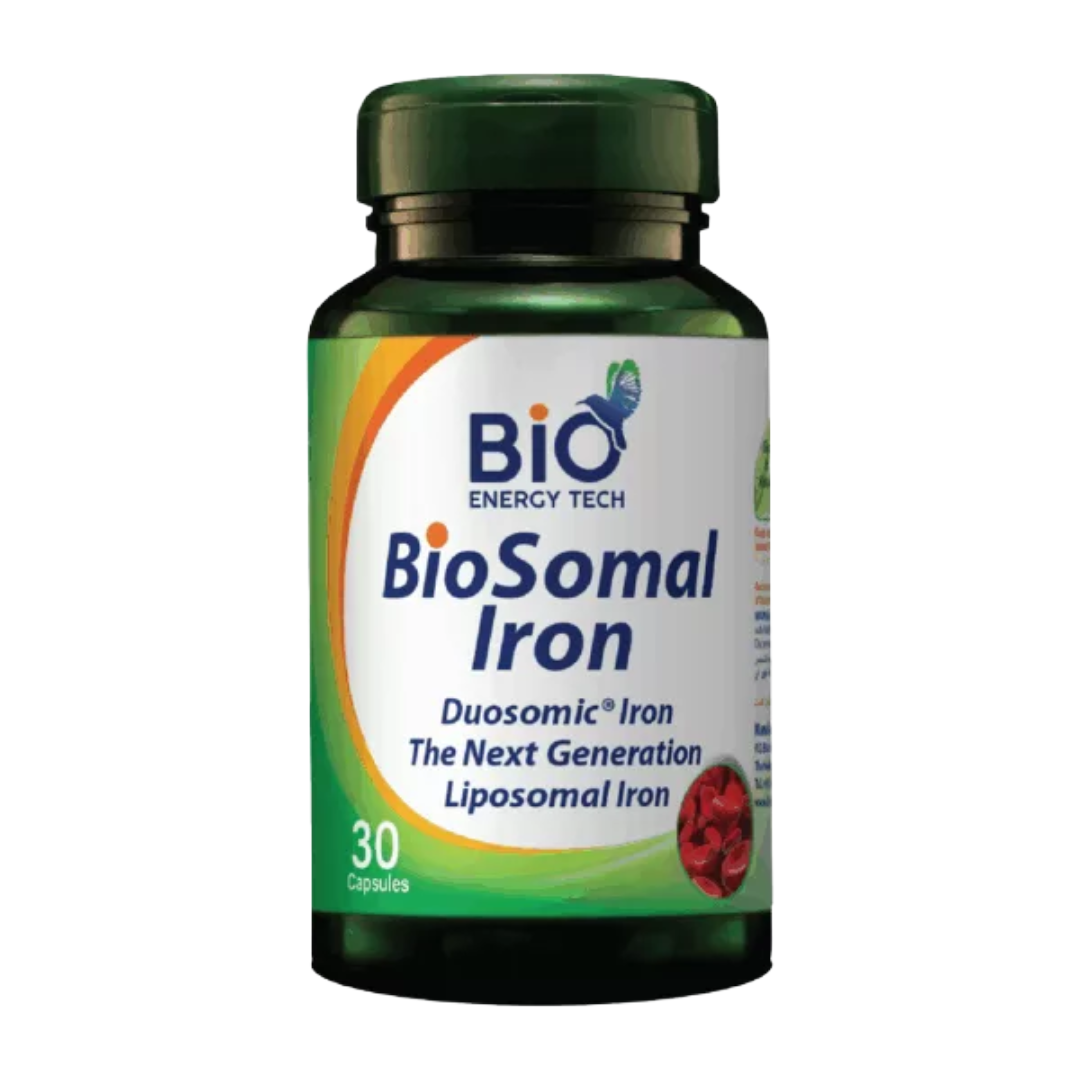 Bio Energy Tech BioSomal Iron 30 Capsules with Duosomic Liposomal Iron for enhanced iron absorption and energy support.