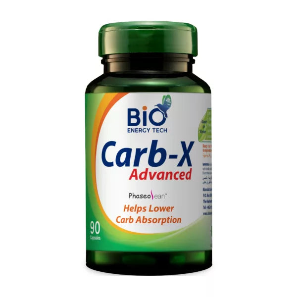 Bio Energy Tech Carb-X Advanced 90 Capsules with Phaseolean White Kidney Bean Extract for carbohydrate absorption and weight management support.