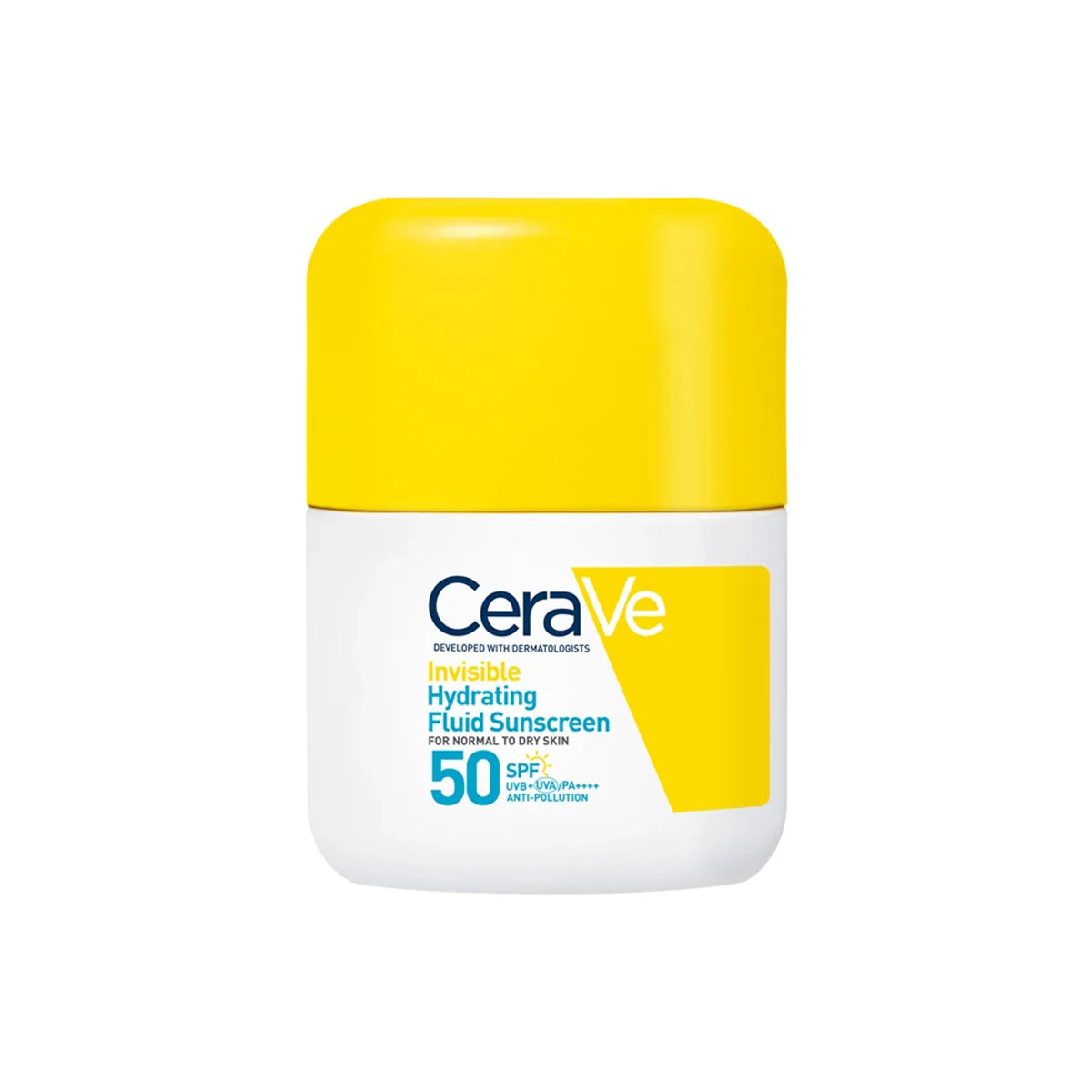 CeraVe Invisible Hydrating Fluid Sunscreen SPF 50+ 50ml facial sunscreen for normal to dry skin with ceramides, hyaluronic acid, and niacinamide.