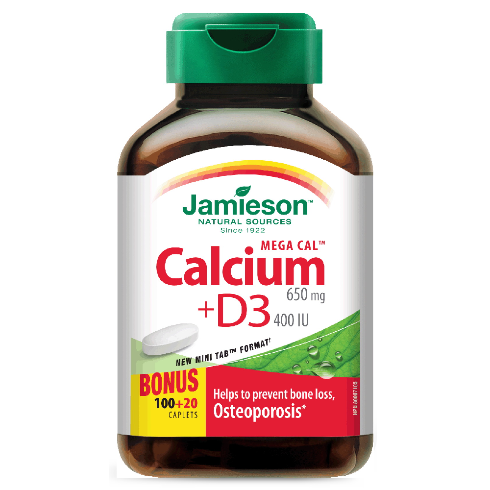 JAMIESON Mega Calcium + D3 (650 مجم + 400 وحدة دولية) - 100 + 20 كبسولة