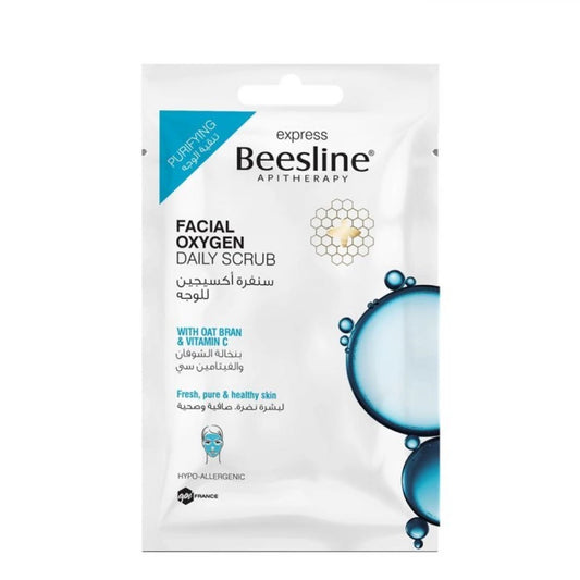 Beesline Express Facial Oxygen Daily Scrub 25g with Oat Bran and Vitamin C for gentle exfoliation and brighter skin.