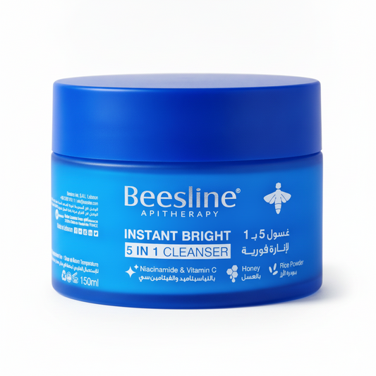 Beesline Instant Bright 5 in 1 Cleanser 150ml with Niacinamide, Vitamin C, Honey, and Rice Powder for brighter, smoother skin.