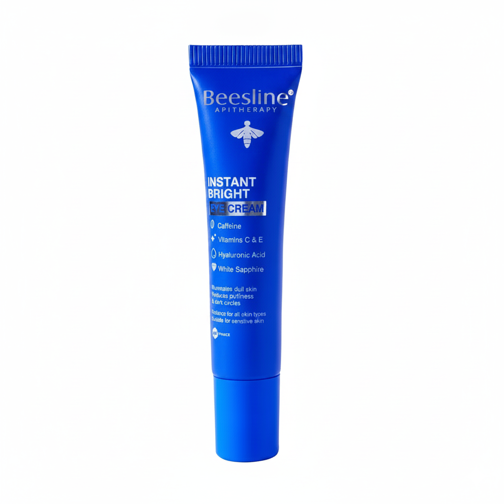Beesline Instant Bright Eye Cream 15ml with Caffeine, Vitamins C & E, Hyaluronic Acid, and White Sapphire for dark circles and puffiness.