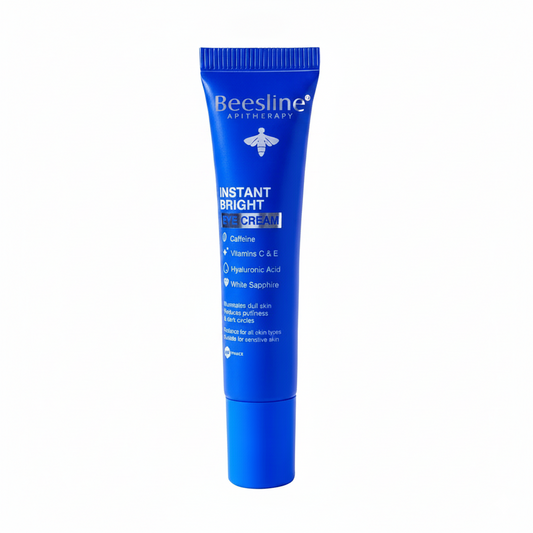 Beesline Instant Bright Eye Cream 15ml with Caffeine, Vitamins C & E, Hyaluronic Acid, and White Sapphire for dark circles and puffiness.