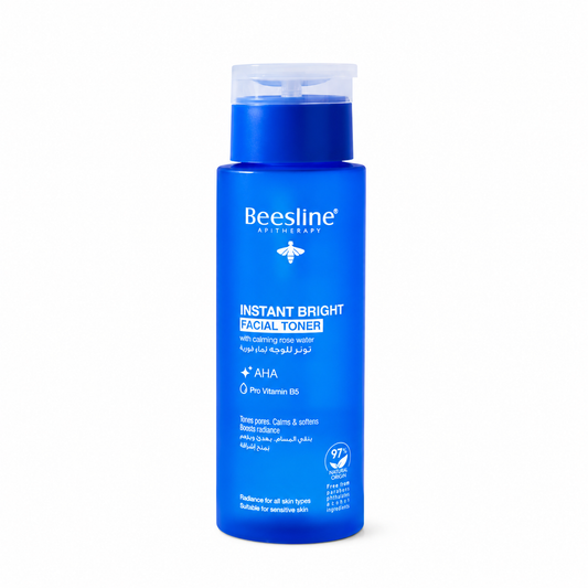 Beesline Instant Bright Facial Toner 200ml with AHA, Pro-Vitamin B5, and Rose Water for brighter, smoother skin.