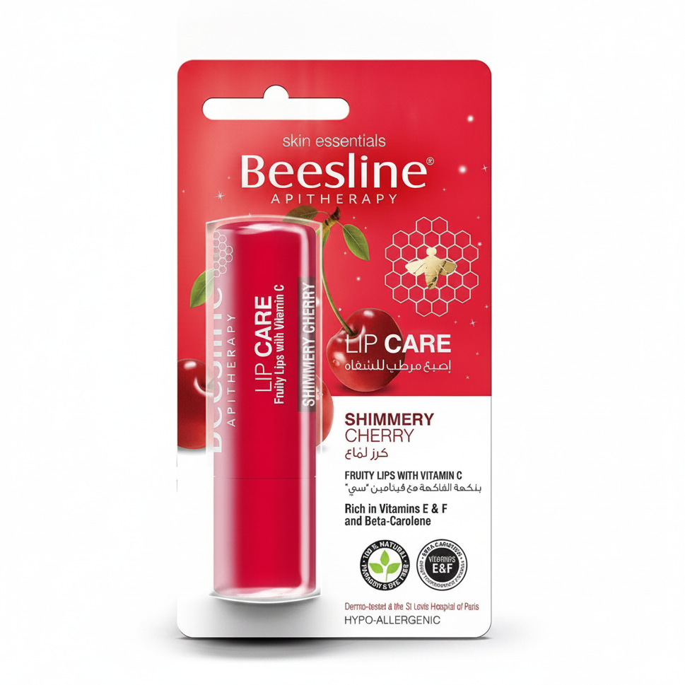 Beesline Lip Care Shimmery Cherry 4g nourishing lip balm with Vitamins E & F and Beta-Carotene for soft, hydrated lips.
