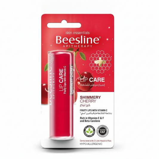 Beesline Lip Care Shimmery Cherry 4g nourishing lip balm with Vitamins E & F and Beta-Carotene for soft, hydrated lips.