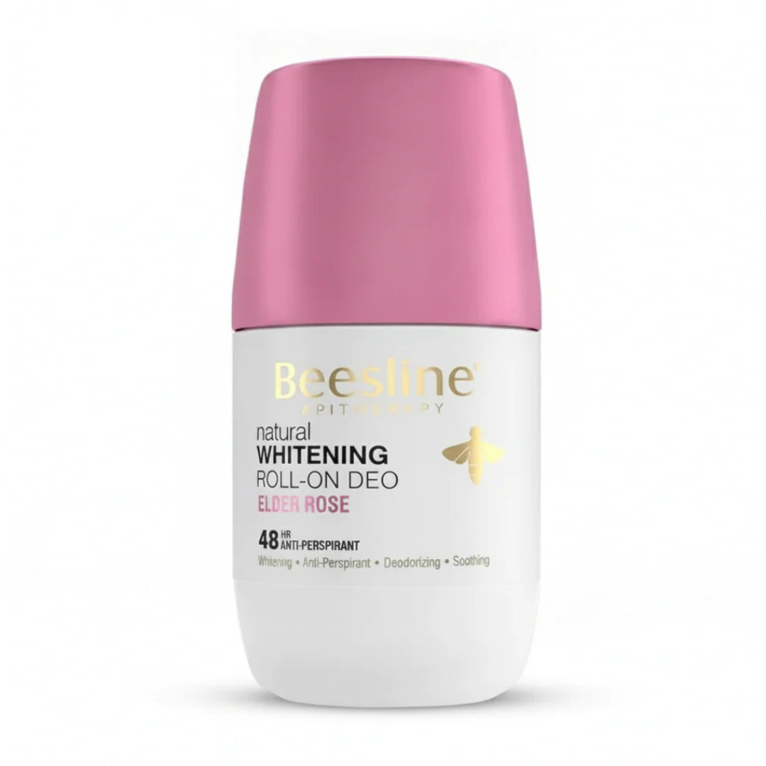 Beesline Natural Whitening Roll-On Deo Elder Rose 50ml for 48-hour sweat protection and underarm brightening.