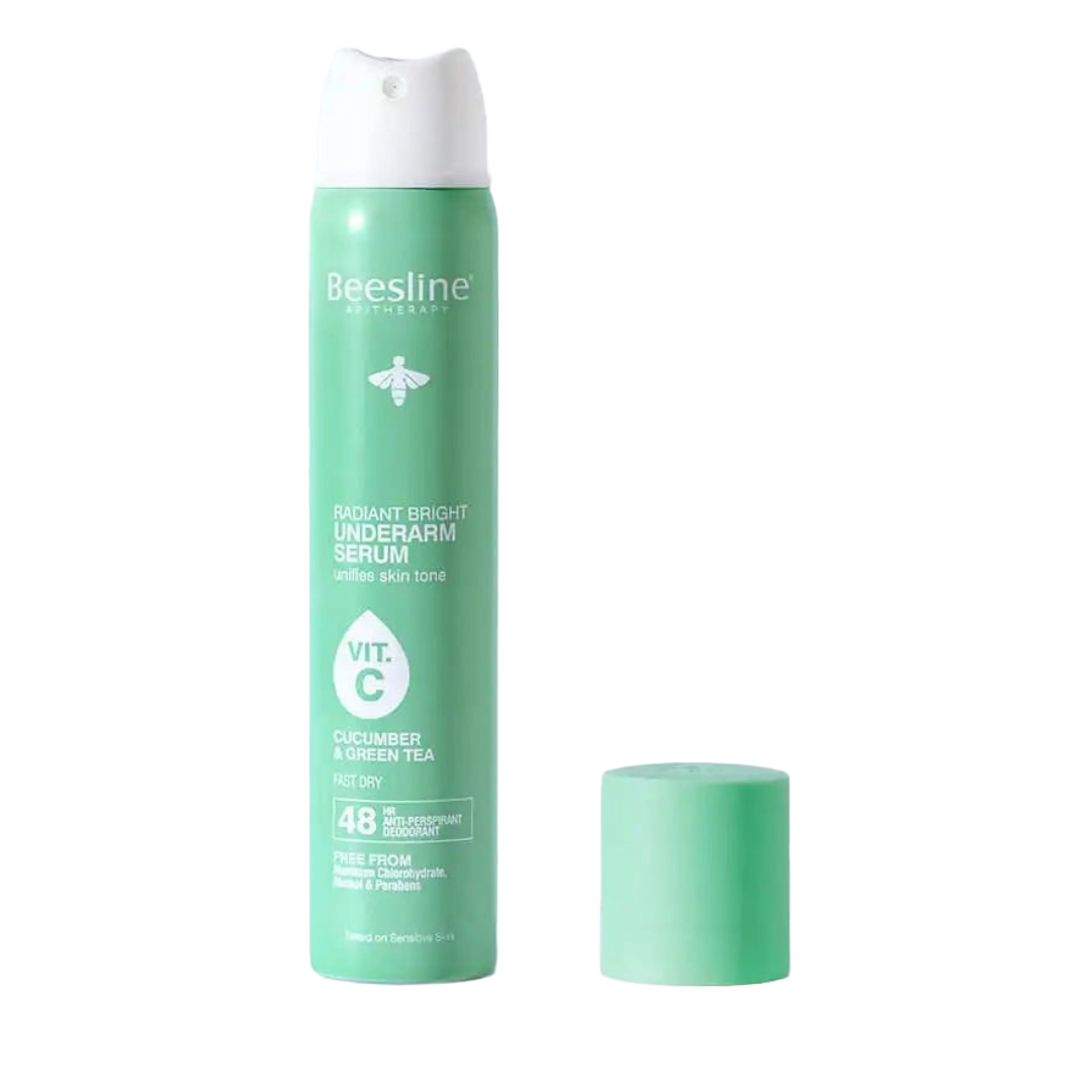 Beesline Radiant Bright Underarm Serum Cucumber & Green Tea 150ml with Vitamin C for brighter underarms and 48-hour odor protection.