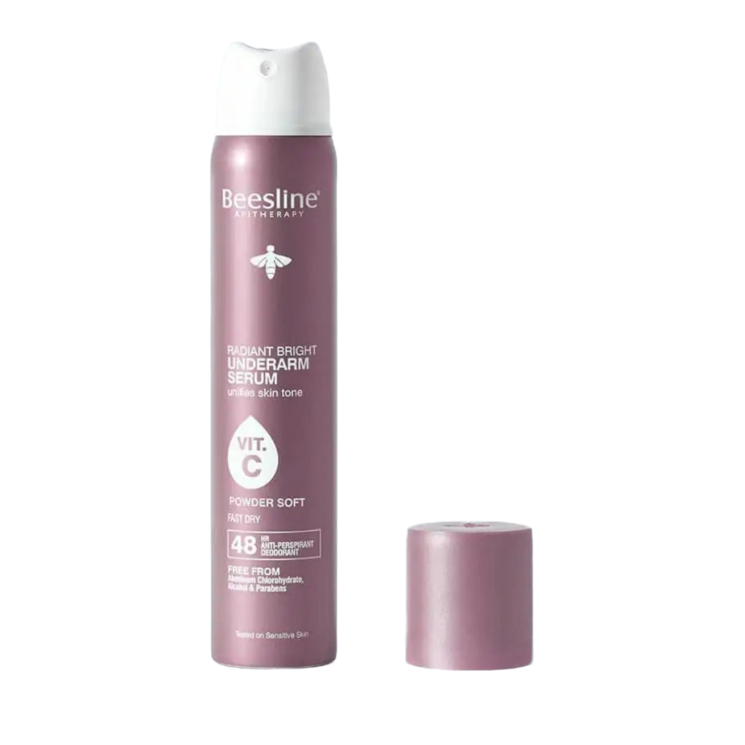 Beesline Radiant Bright Underarm Serum Powder Soft 150ml with Vitamin C for brighter underarms and 48-hour odor protection.