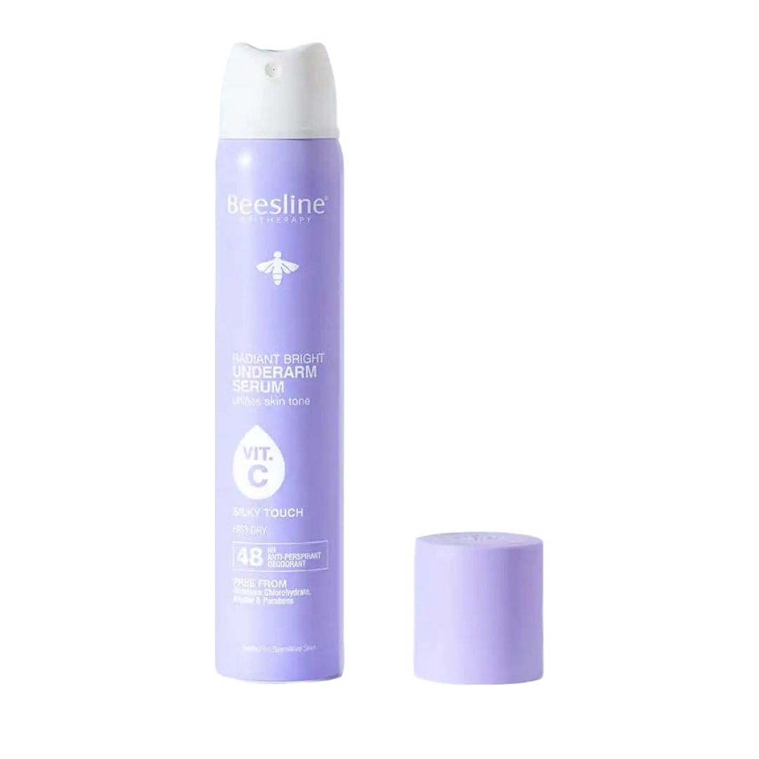 Beesline Radiant Bright Underarm Serum Silky Touch 150ml with Vitamin C for brighter underarms and 48-hour odor protection.