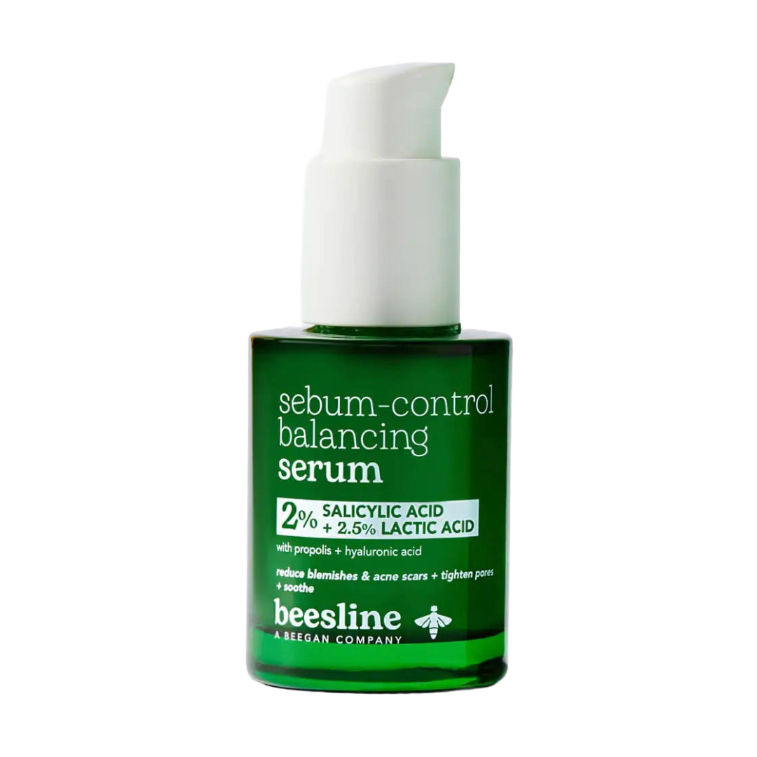 Beesline Sebum-Control Balancing Serum 30ml with 2% Salicylic Acid and 2.5% Lactic Acid for oily and acne-prone skin.