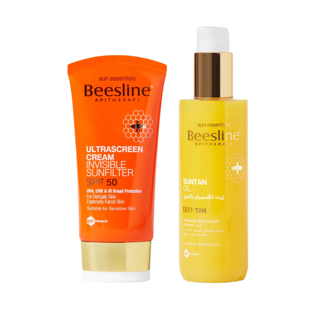 Beesline Suntan Oil with free Ultrascreen Cream Invisible Sunfilter SPF50 60ml tanning and sun protection set.