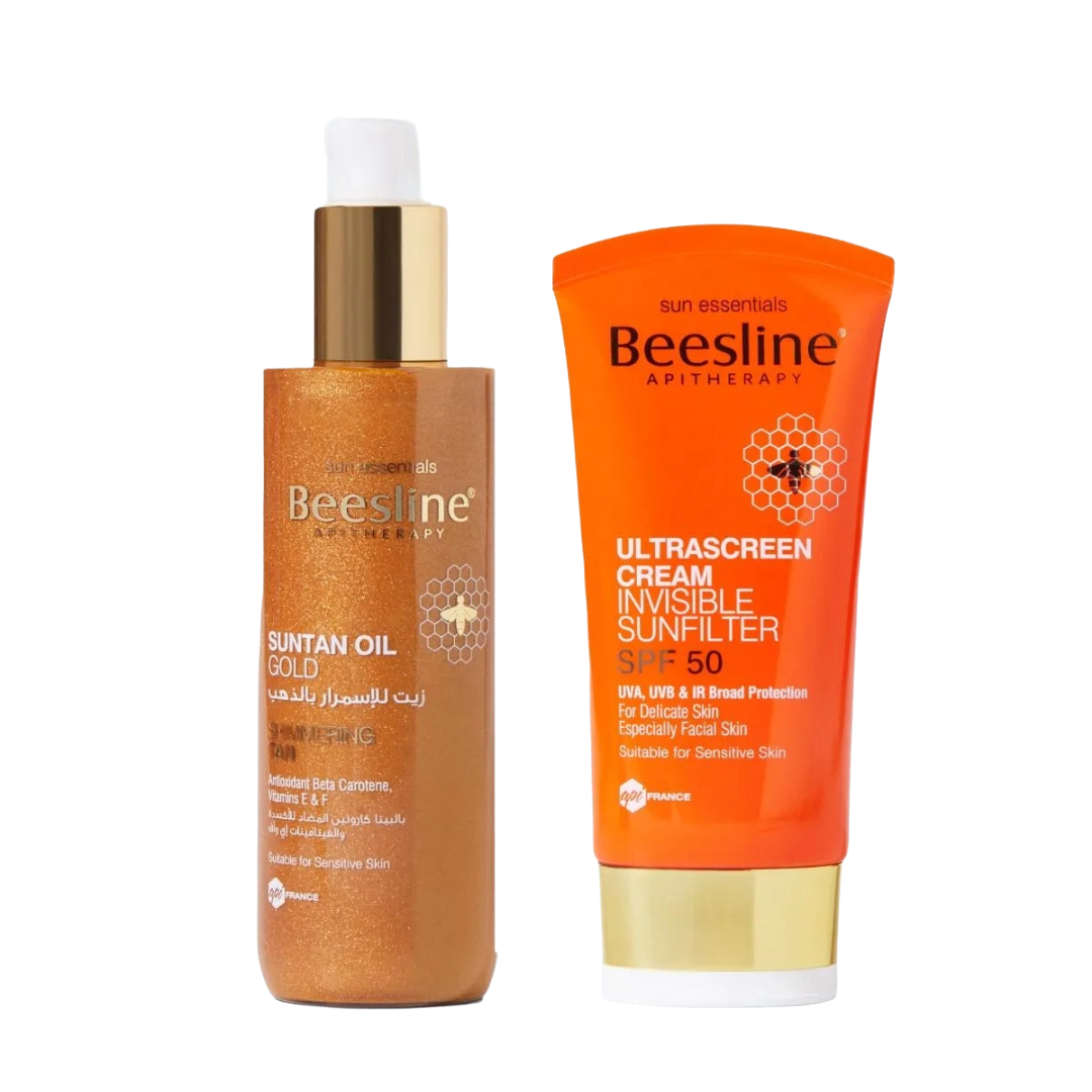Beesline Suntan Oil Gold with free Ultrascreen Cream Invisible Sunfilter SPF50 60ml tanning and sun protection set.