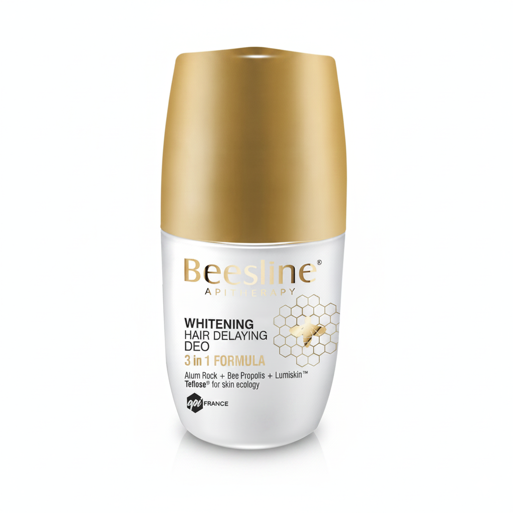 Beesline Whitening Hair Delaying Deo 3 in 1 Formula 50ml roll-on deodorant for brightening, odor protection, and hair regrowth delay.