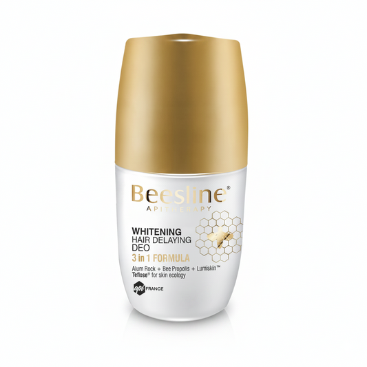 Beesline Whitening Hair Delaying Deo 3 in 1 Formula 50ml roll-on deodorant for brightening, odor protection, and hair regrowth delay.