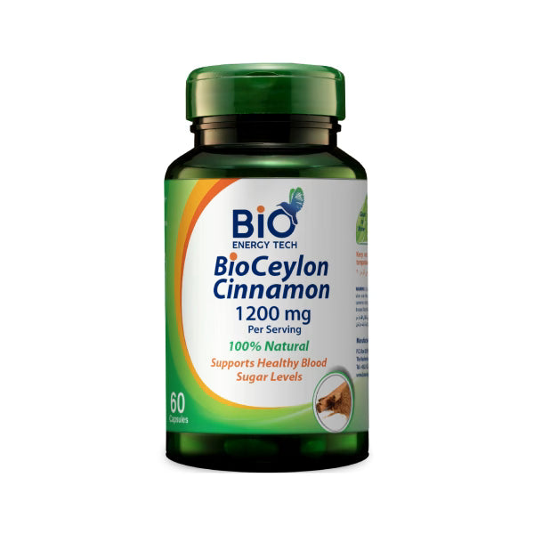 Bio Energy Tech Bio Ceylon Cinnamon 1200mg 60 Capsules for healthy blood sugar and metabolic support.