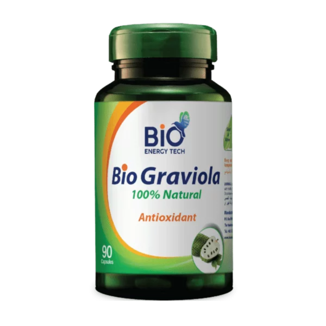 Bio Energy Tech Bio Graviola 100% Natural antioxidant supplement with 90 capsules.