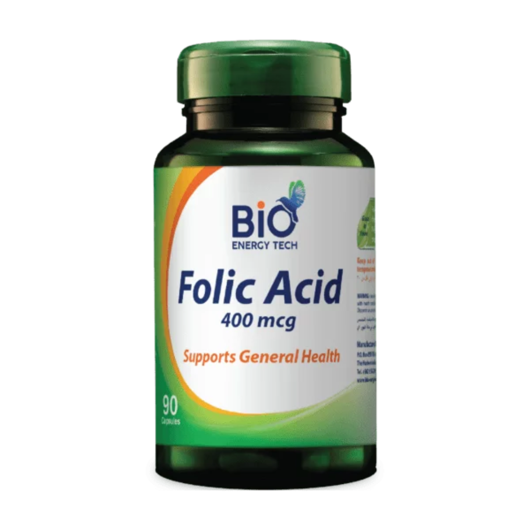 Bio Energy Tech Folic Acid 400 mcg dietary supplement with 90 capsules for prenatal and general health support.
