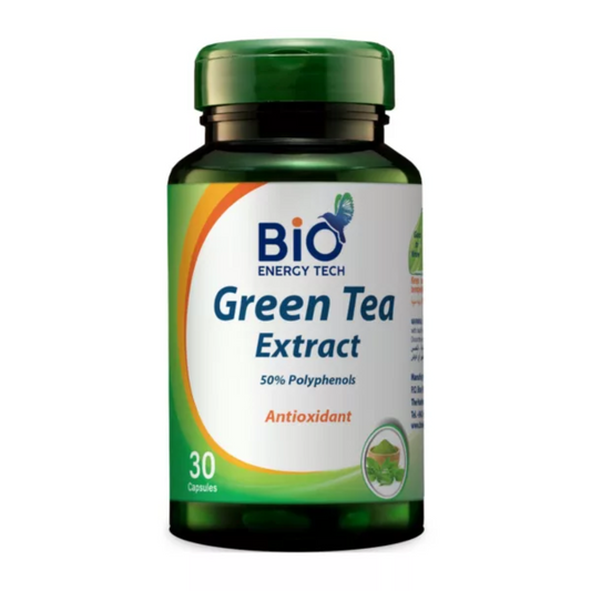 Bio Energy Tech Green Tea Extract 50% Polyphenols antioxidant supplement with 30 capsules.