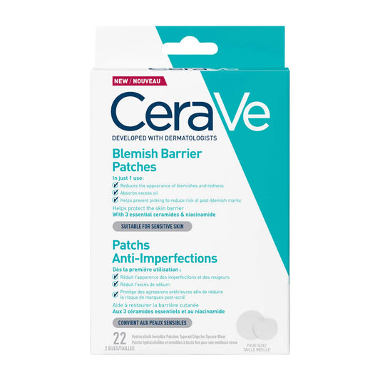 CeraVe Blemish Barrier Patches 22 hydrocolloid acne patches with ceramides and niacinamide for blemish protection and skin barrier support.