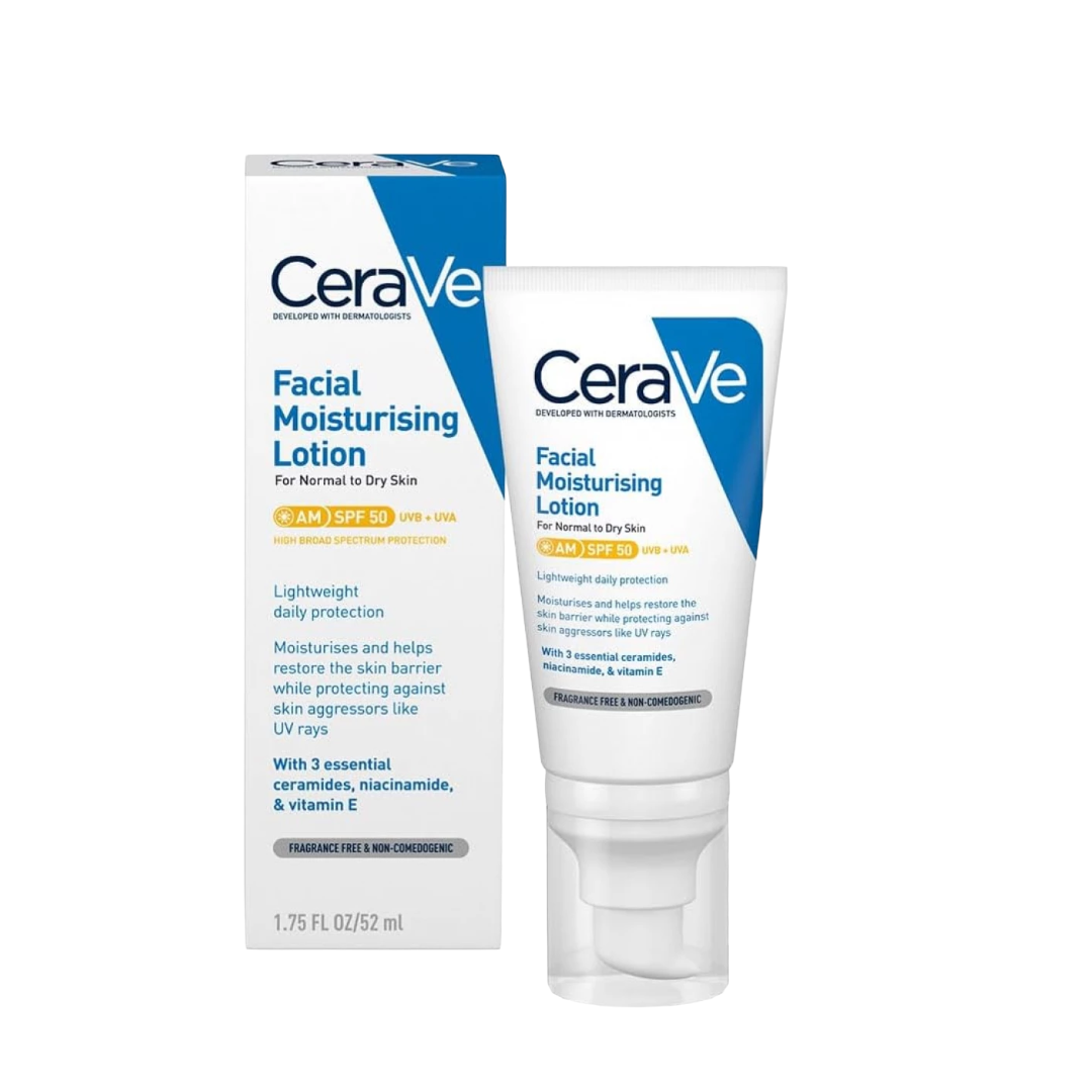 CeraVe Facial Moisturising Lotion AM SPF 50 52ml lightweight daily moisturizer with ceramides, niacinamide, hyaluronic acid, and broad-spectrum sun protection.