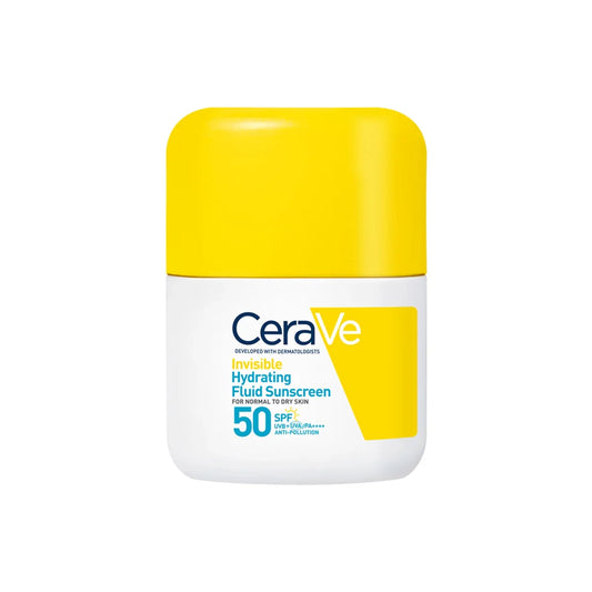 CeraVe Invisible Hydrating Fluid Sunscreen SPF 50+ 50ml facial sunscreen for normal to dry skin with ceramides, hyaluronic acid, and niacinamide.